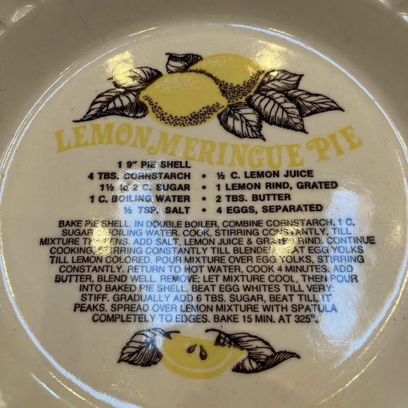 Vintage Lemon Meringue Pie Plate With Pie Recipe So Cute Cottagecore - Picture 4 of 6